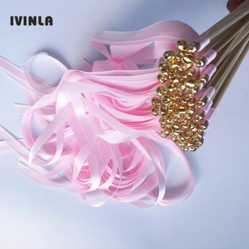 50pcs/lot double pink wedding ribbon stick streamers With gold Bells for wedding party