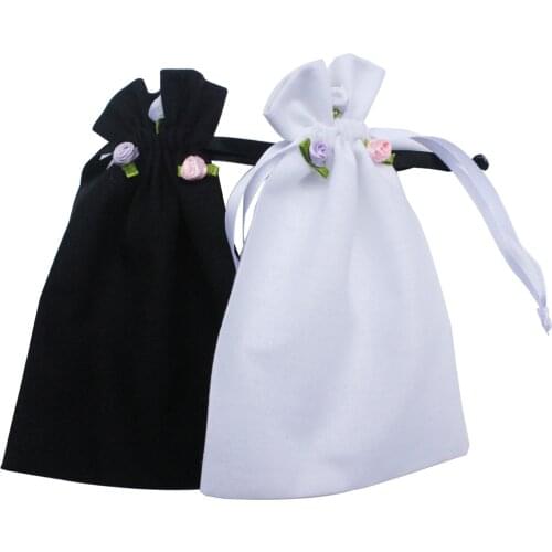 50pcs/lot) Recycle White & Black with Rose cotton gift drawstring bags with Wedding and Engagementcotton pouch