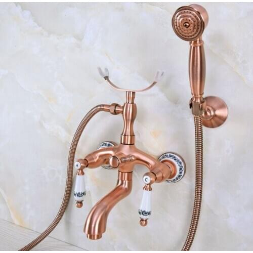 Antique Red Copper Wall Mounted Bathroom Tub Faucet Dual Ceramics Handles Telephone Style Hand Shower Clawfoot Tub Filler ana368