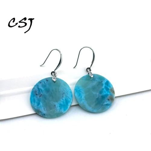 CSJ Real Natural Larimar Earring Sterling 925 Silver Gemstone Round 24mm Fine Jewelry for Women Femme Wedding Party Gift Box
