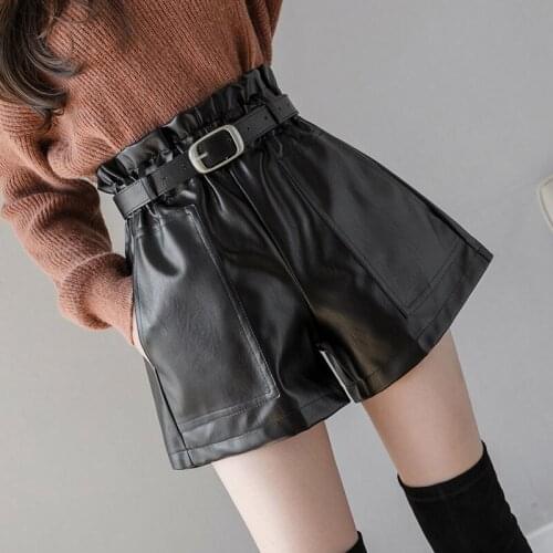 Spring Autumn High Elastic Waist PU Leather Shorts Women Cool Sashes Wide Leg Shorts Female Casual Loose Leather Shorts H428