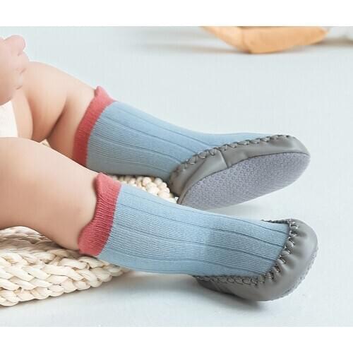 Baby Non Slip Leather Soles Sock Shoes Newborn Infant Girls Boy Spring Cotton Colorant Match Long Floor Socks First Walker Shoes