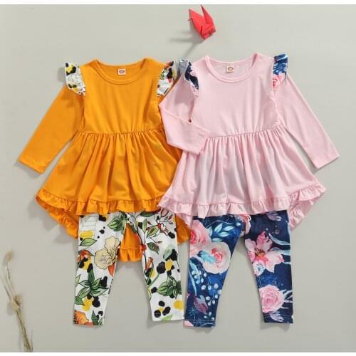 2pcs Kids Autumn Tracksuit Toddler Girls Long Sleeves Cropped T-Shirt Floral Elastic Waist Pants Sets for 2-6Y