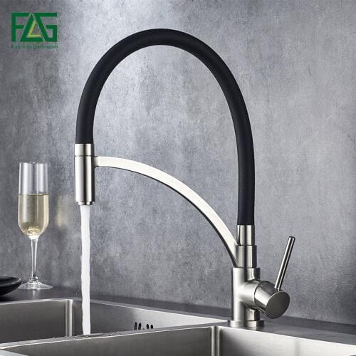 FLG Brushed Nickel Kitchen Faucet Black and Chrome Pull Down Hot Cold Water Kitchen Mixer Taps 360 Degree Rotating 931-33NB