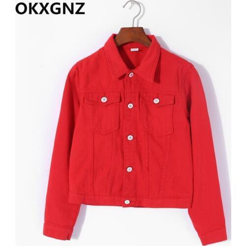 Women Basic Coats 2019 Autumn New Short Denim Jacket red pink black denim jacket Female Jeans Coat Casual Girls Outwear laides