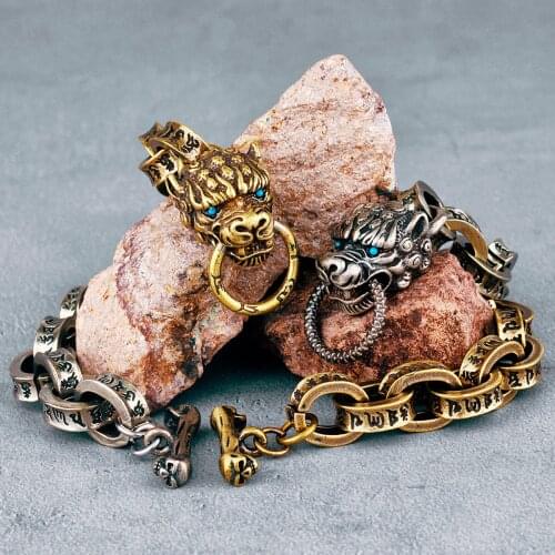 Lion Beast Mens Womens Copper Bracelet Brass Bangle Vintage Punk Hip Hop Amulet for Couple Girl Boyfriend Jewelry Gift Wholesale