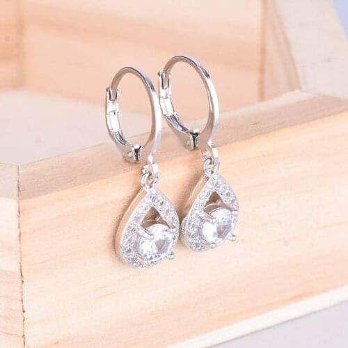 White Round Small Water Drop Zircon Hoop Earrings For Women Simple Fashion Jewelry Vintage Silver Color Simple Dangle Earrings