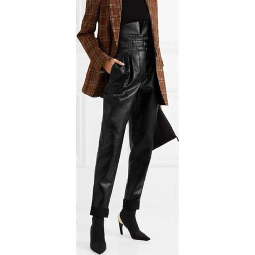 Fashion Womens Pants PU Leather High Street Style High Waist Ruched Asymmetrical Trousers Female Clothing