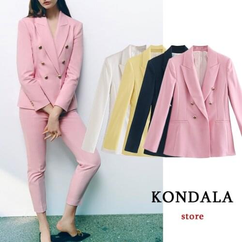 KONDALA Za 2021 Fashion Chic Pink Women Office Lady Blazer V Neck Double Breasted Long Sleeve Autumn Jackets Elegant Slim Blazer