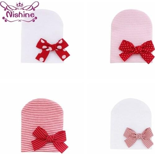 Nishine Soft Warm Knitting Wool Newborn Caps Cute Handmade Bowknot Baby Hats Fashion Striped Children Bonnet Hair Accessories