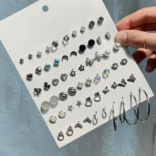 30 Pairs/lot Womens Stud Earrings Set Mix Heart Lock Cross Geometry Crystal Earings Imitation Pearl Ear Studs earrings rings