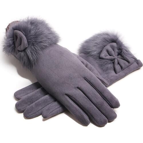 Winter Female Suede Leather Bow Plush Wrist Mitten Women Thick Plus Plush Windproof Warm Touch Screen Driving Gloves J22