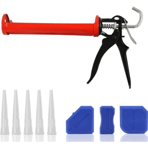 310 ml caulking gun, 5 nozzles + 3 scrapers – refillable sealant gun for applying silicone based caulking agent