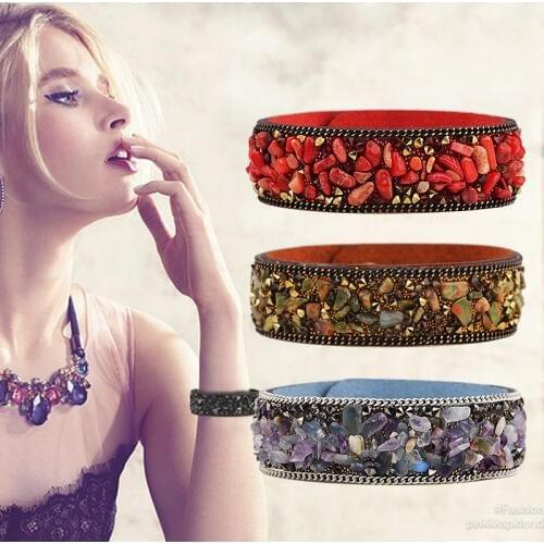 Charms Cuff Friendship Bracelets bangles Leather With Crystals Natural Stone Bracelet For Girls Women Jewelry Gifts 1.9*20CM