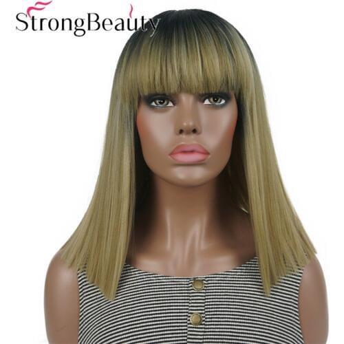 StrongBeauty Yaki Straight Wigs Natural Neat Bang Hairstyle Long Synthetic Wigs Brown Hair with Dark Root