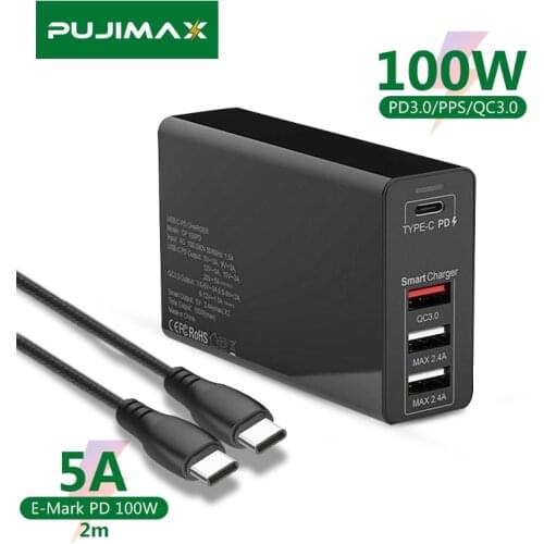 PUJIMAX PD100W Charger USB C 4-Port Power Adapter with 2m Cable Type C Super Fast Charger for Macbook Pro 13/15/16 iPhone 11 XS