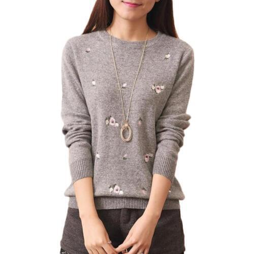Women Fashion Floral Embroidery O Neck Pullover Knitted Jersey Jumper Sweater