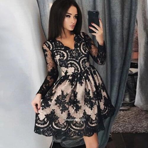 Sexy Girl Black Lace Appliques A Line Homecoming Dress Cocktail Dress Prom Vestidos De Fiesta Formal Special Occasion