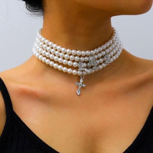 Chic Multilayer Imitation Pearl Number Cross Lock Pendant Choker Necklace Women Fashion Geometric Chocker Necklace Jewelry