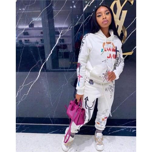 Graffiti Streetwear Two 2 Piece Set Women Tracksuit Female White Black Hoodies Pants Women Matching Sets Outfits Sweatsuit