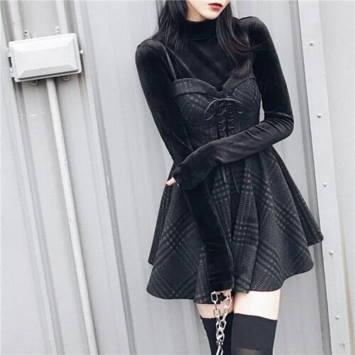 Spring Autumn Women Gray Plaid Pleated Bandage Patchwork Dress Sling Strap Backless Rock Punk Dress Gothic Girls Short Dresses
