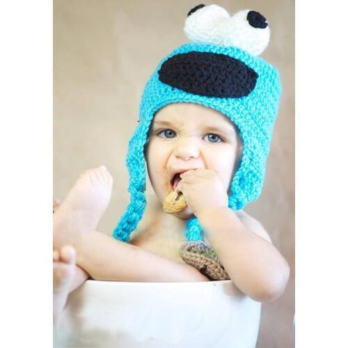 Crochet Childrens Cartoon Hat with Big eyes ,baby Beanies caps, newborn Photography prop 100% cotton- sky blue