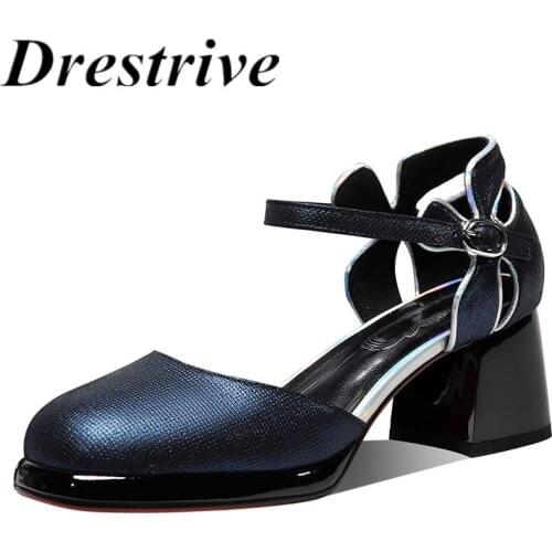 Drestrive Women Sandals Round Toe Fabric Buckle 2021 Summer Fashion Thick High Heel Shoes Blue Size 40 Handmade Flower