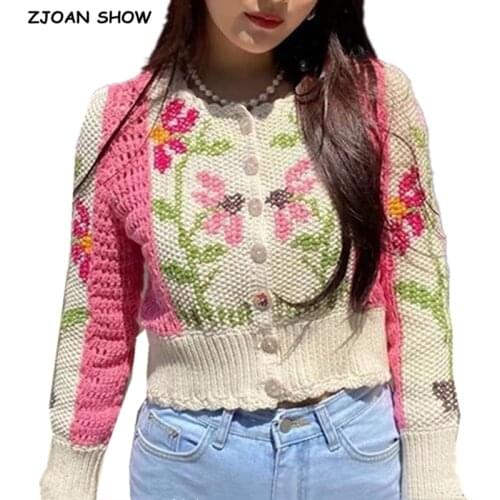 Korea Clothing Patchwork Hollow Out Hole Flower Embroidery Cardigan Women O neck Button Sweater Long sleeve Short Jumper Autumn