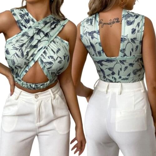 Women’s Fashion Printing Vest Sexy Cross Straps Halter Hollow Exposed Navel Slim Fit Camisole Summer 2021