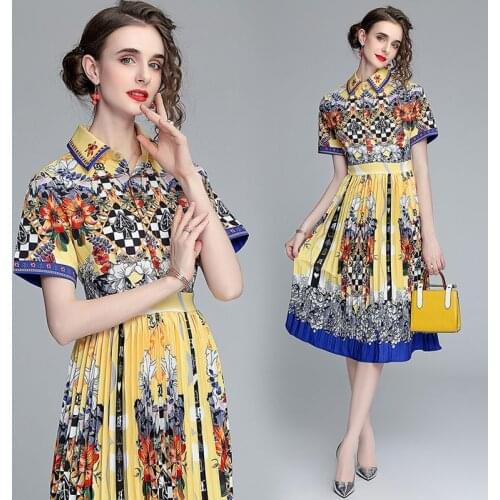 2021 Summer Fashion Runway Vintage Party Dress Womens Long sleeve High waist Floral print Pleated Midi Dress