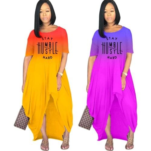 Women Midi Dress Gradient Color Shirring Splited Sheath Ealstic Short Sleeve Maxi Long Dresses High Street Outfit Summer