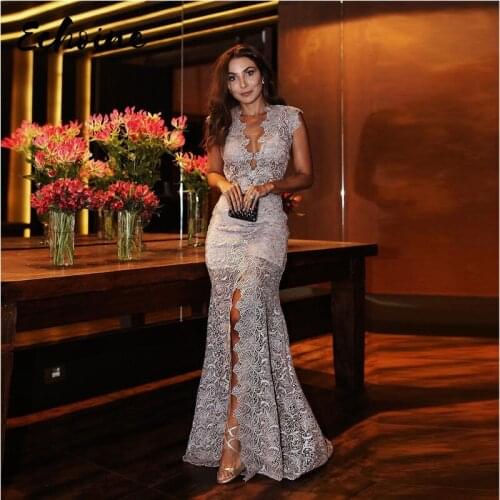 Echoine Sexy Party Dress Women Summer Deep V Neck Lace Dresses Fashion Sleeveless High Split Bandage Mixi Mermaid Dress Vestidos