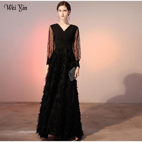 Wei yin AE0268 Black Long Evening Dress 2021 Elegant Long Sleeve Lace Formal Dresses Fashion V-neck Women Party Gown