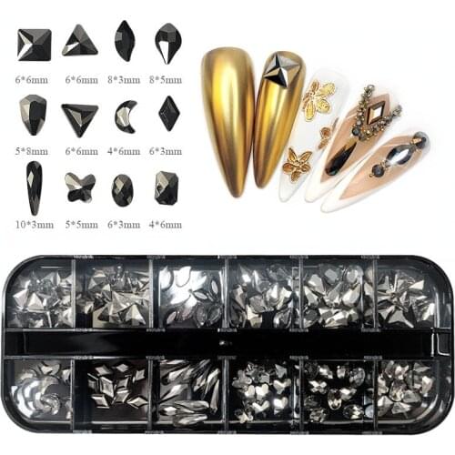 1 Box Acrylic Nail Art Rhinestone Gold Silver Clear All Color Flat Bottom Mixed Shape DIY Nail Art 3D Decoration In 12 Cell Box