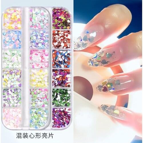 12 Grids Holographic Laser Peach Heart Polka Dot Color Mixed Nail Sequins Nail Slice Set Nail Design Decoration Accessories Tool