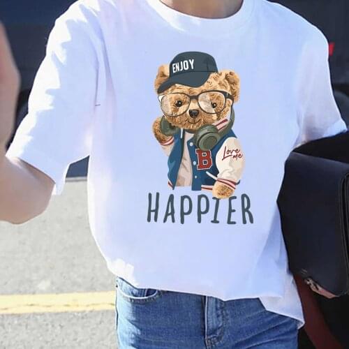 BLINGPAW Graphic T Shirts Cute Teddy Bear Happier Letter Print T-shirt White Cotton Unisex Tees Summer Custom Tee Shirts