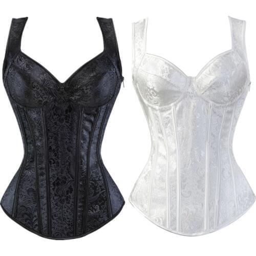 Gothic Jacquard Straps Overbust Corset Sexy Waist Cincher Bustier Shapewear Zipper Side Lingerie Plus Size S-6XL