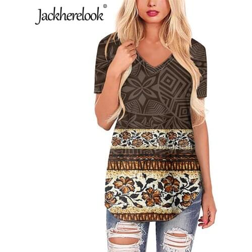 Jackherelook Vintage Womens T Shirts Polynesian Tribal Style Summer Tops Tee Hawaiian Floral Design Ladies Tshirt Plus Size