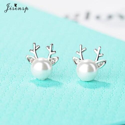 Jisensp Christmas Jewelry Pearl Deer Antler Stud Earrings for Women Party Cute Earrings Animal Charm Ear Jewelry Brincos