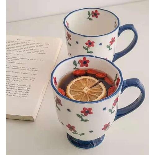 Nordic style, ceramic mug, creative flower drawing cup, coffee office water cup, milk breakfast cup with lid