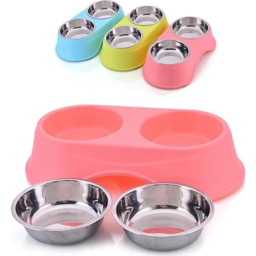 Dog Feeder With Raised Stand Pet Double Bowls Stainless Steel Cat Food And Water Storage Bowls Puppy Supplies Dishes Pets