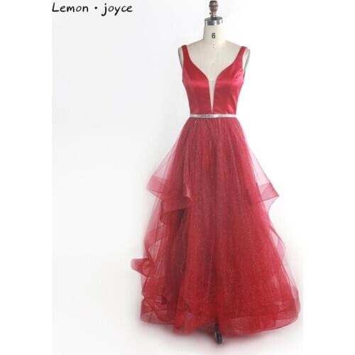 Lemon joyce Red Evening Dresses Long 2020 V-neck Sexy Backless A-line Prom Dresses Party Gowns for Girls Plus Size