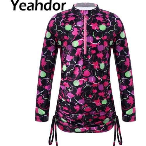 Kids Girls Print Swimwear Swimming Cover Up Tops Stand Collar Long Sleeves Front Zipper Side Drawstring Design Rashguard Coat