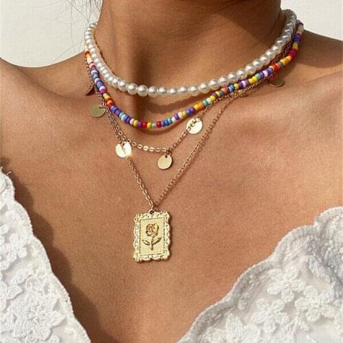 Colorful Bead Multi-layered Necklace 4Pcs/Set Square Brand Rose Flower Asymmetry Strand Choker Party Gifts For Women 2021 Trend