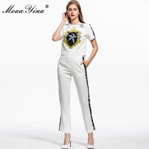 MoaaYina Fashion Runway Designer Summer 2 Two Piece Set Womens Beading Short sleeve Tops and Pants Casual Suit