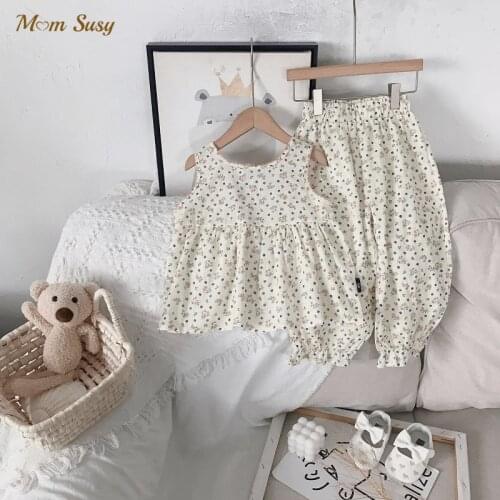Fashion Baby Girl Clothes Set Backless Shirt+Pant 2PCS Infant Toddler Child Vest Suit Outfit Floral Dot Summer Baby Clothes 1-7Y