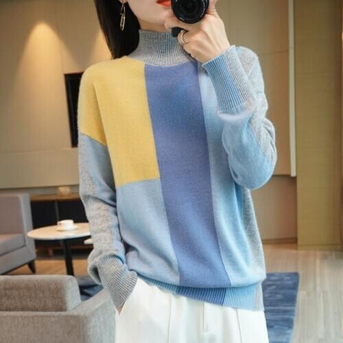 Trendy womens FRSEUCAG brand 100% wool sweater Womens half high neck color-block knit pullover soft and comfortable coat