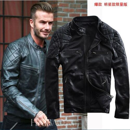 2016 New Spring Fashion David Beckham Leather Men Jacket Black Stand Collar Slim Fit Genuine Sheepskin Men Motorcycle Jackets