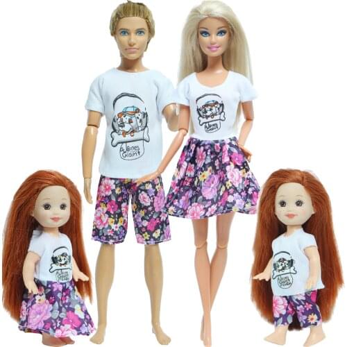 Mix 4 Set/Lot Family Doll Suits Flower Summer Short Pants Dress Clothes for Barbie Doll for Ken Doll for Kelly Doll House Toys