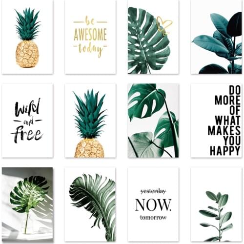 Nordic Golden Pineapple Posters and Prints Green Leaves Canvas Painting Letter Quotes Wall Art Plants Pictures for Living Room